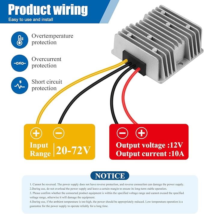 Yancincny 10A 120W 12V Golf Cart 24V 36V 48V 72V to 12V DC Converter Voltage Regulator Reducer Transformer with Fuse - Waterproof DC Step Down Converter 24V to 12-V(Input Range: 20-72V)