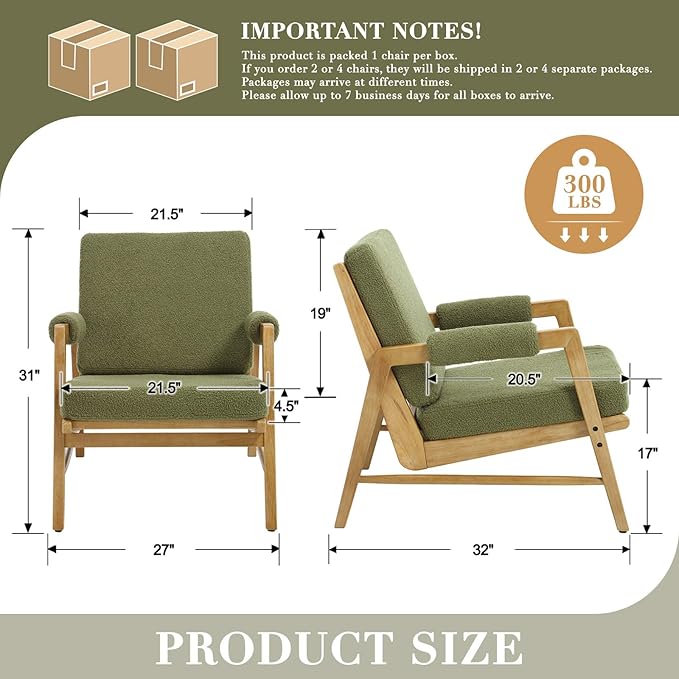 HEAH-YO Modern Accent Chair, Upholstered Boucle Fabric Living Room Chair with Wooden Frame, Comfy Armchair with Thick Cushion for Bedroom Balcony, Green