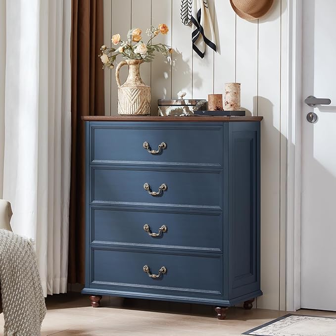 Farmhouse 4 Drawer Dresser Set of 2 for Bedroom, 37" Tall Rustic Chests of Drawers w/ 4 Solid Wood Feet, Mid Century Vintage Wooden Closet Storage Dressers Organizer for Living Room, Navy Blue