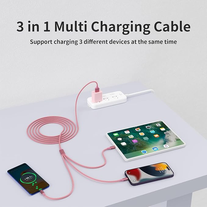 Multi Charging Cable,(2Pack 4FT) 3 in 1 Charging Cable for Multiple Devices, Nylon Braided Universal Charger Phone Charger Cord with Type-C,Micro USB,IP Port for iPhone16/15 Series/Phone&Pad-Pink
