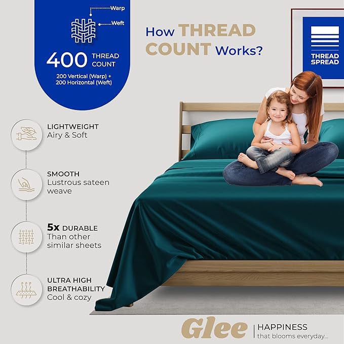 THREAD SPREAD 400 Thread Count California King Cotton Sheets - 4 PC Cal King Size Bed Sheet Set Cotton (Teal), Soft, Cooling, Sateen Weave Hotel-Quality 16" Deep Pocket Bedsheet for Hot Sleepers
