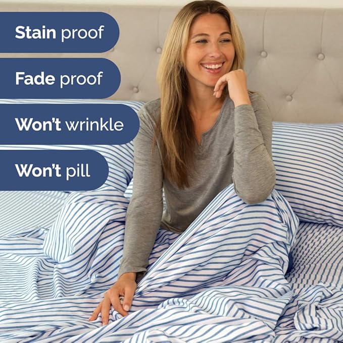 RV Short Queen Sheet Set 60 X 75 - 4 Piece RV Short Queen Bed Sheets - Soft, Breathable & Cooling - Designed for Bunks, Trailers & Campers - Fits 8” to 12" Mattress - Luxury Bedding - Blue Stripes 2