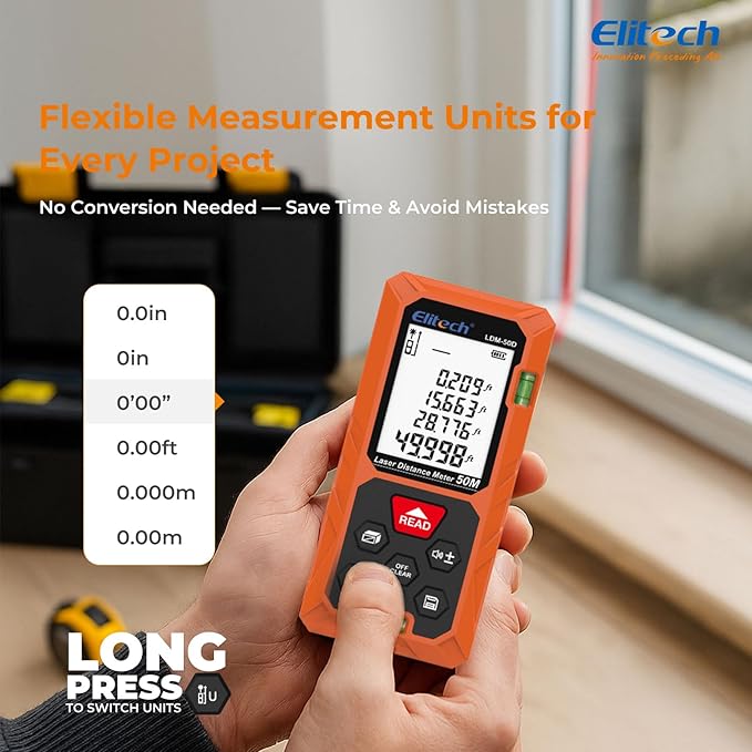 Elitech Laser Measuring Tool 165ft, Digital Laser Tape Measure with Dual Bubble Levels, 99 Data Memory & Mute, Ft/In/M High Precision Measuring Tool for Home Renovation & Decoration (Battery Included)
