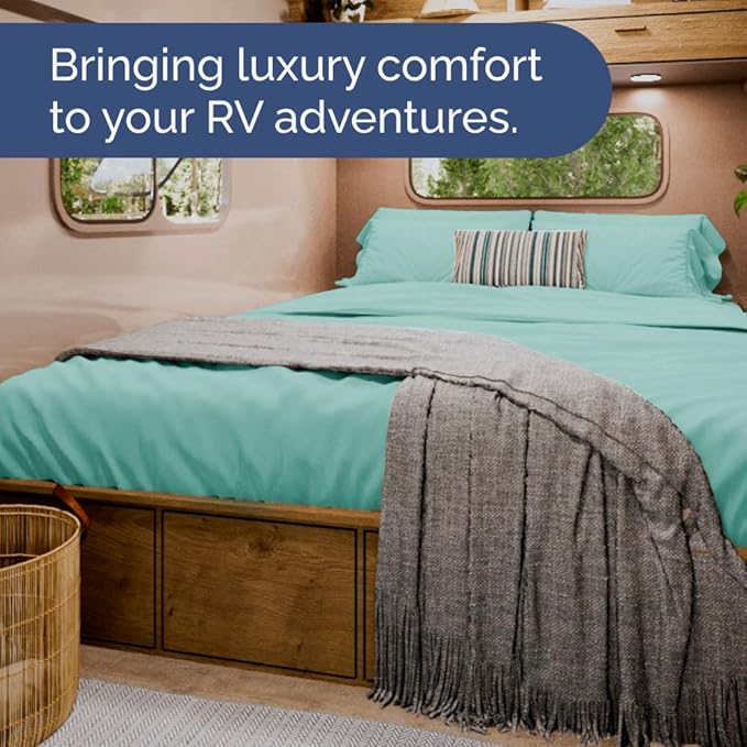 RV Short Queen Sheet Set 60 X 75 - 4 Piece RV Short Queen Bed Sheets - Soft, Breathable and Cooling - Designed for Bunks, Trailers & Campers - Fits 8” to 12" Mattress - Hotel Luxury Bedding - Spa Blue