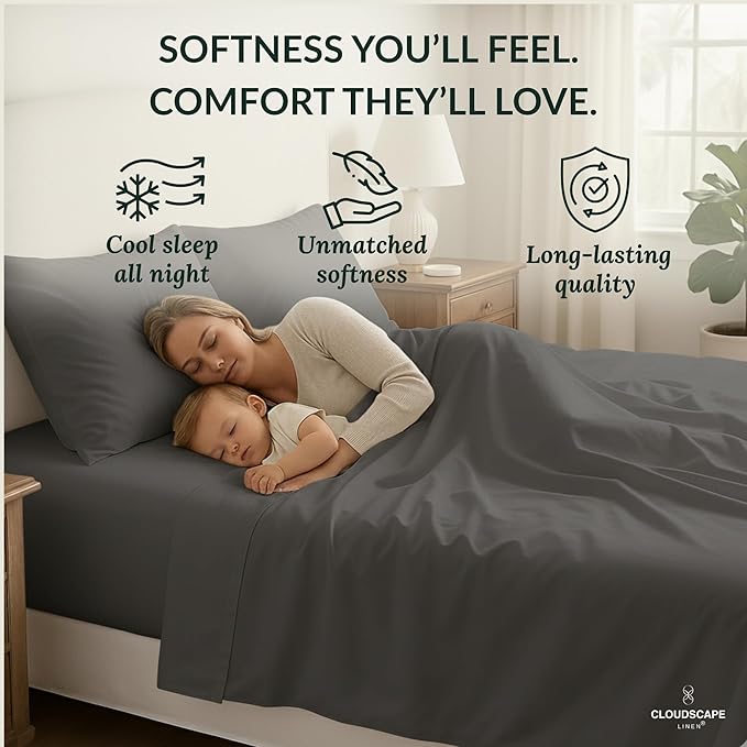 Cloud Scape Linen 100% Egyptian Cotton California King Sheet Set, 400 Thread Count,4 Pieces Luxury Bedding Set, Hotel Quality, Silky Soft, Breathable and Durable, Deep Pockets up to 17, Charcoal