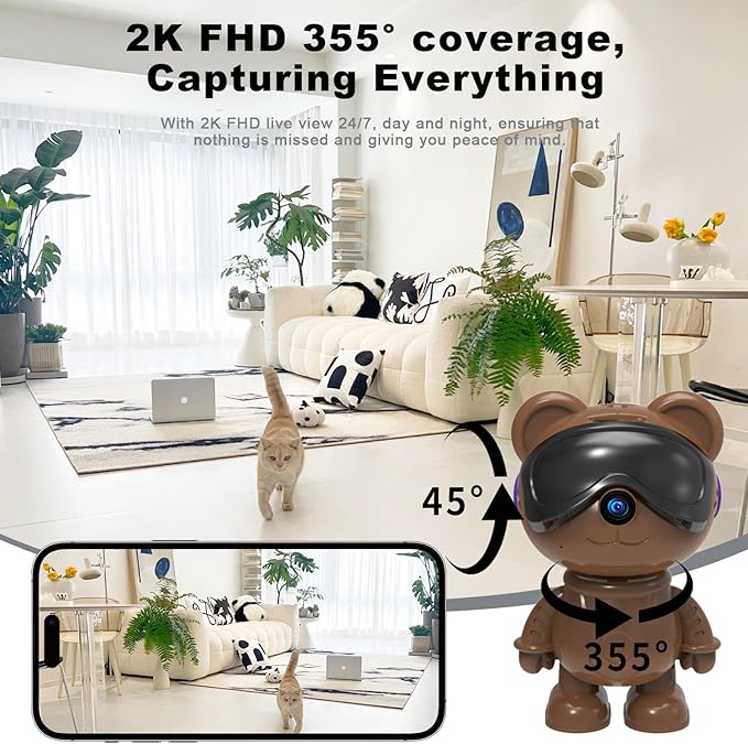 dzcctvipc Cute Bear 2K Robot & Pet Camera – Hidden Indoor Security, Motion & Baby Cry Detection, Privacy Mode, 5G Dual-Band, Pan & Tilt, Full HD Night Vision, 24/7 Recording, 2-Way Audio