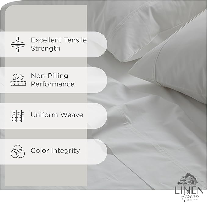 Linen Home 100% Cotton Percale Sheet Set, Full Size, White, Deep Pocket, 6 Pieces Set - 1 Flat, 1 Deep Pocket Fitted Sheet and 4 Pillowcases, Crisp Cool and Strong Bed Linen