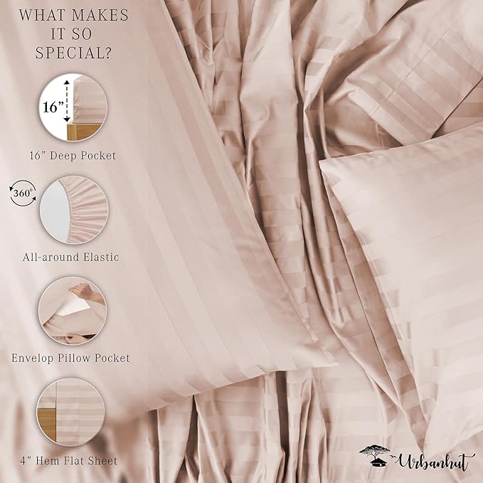 URBANHUT 800 Thread Count 100% Cotton Damask Queen Size Sheets, 4 Piece Striped Queen Size Bedsheets, Luxury Hotel Sheets Sateen Weave - Better Than Egyptian, 16" Elasticized Deep Pocket- Blush Pink
