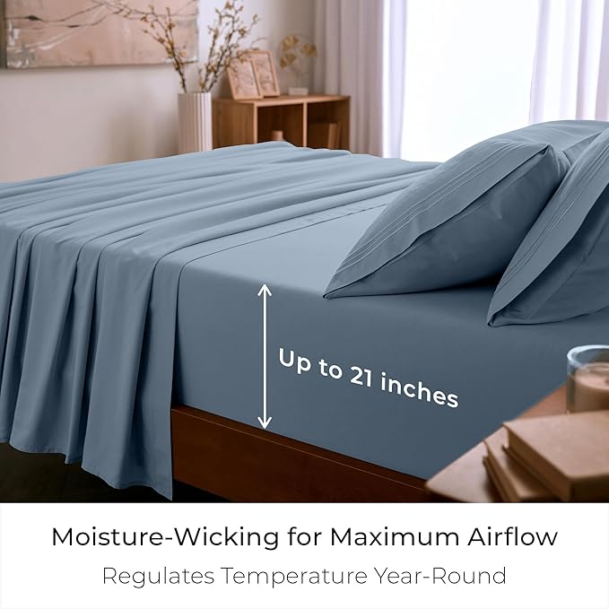 Mellanni King Sheet Set - 6-Piece Iconic Collection Bedding, (Including 4 Pillowcases), 21-Inch Extra Deep Pocket, Easy Care, Ultra Soft, Cooling Sheets, Brushed Microfiber - Blue Hydrangea