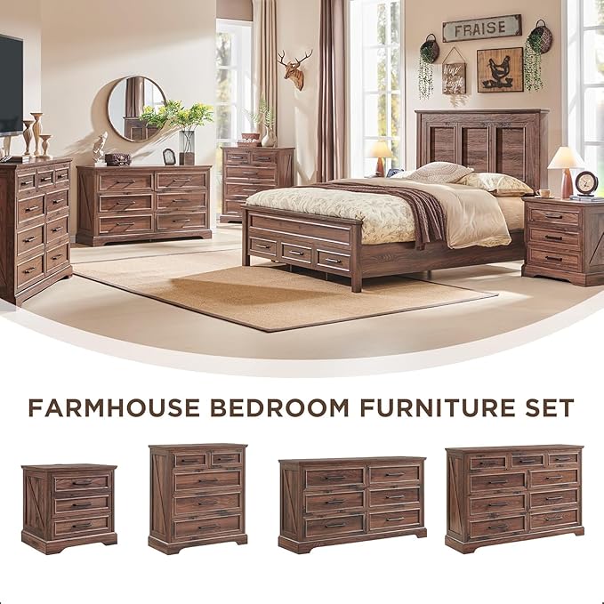 JXQTLINGMU Farmhouse 6 Drawers Dresser for Bedroom, 52'' Wide Large Wood Dressers with Bar Handles, Chests of Drawers with Storage Dressers Organizer for Bedroom, Hallway, Brown