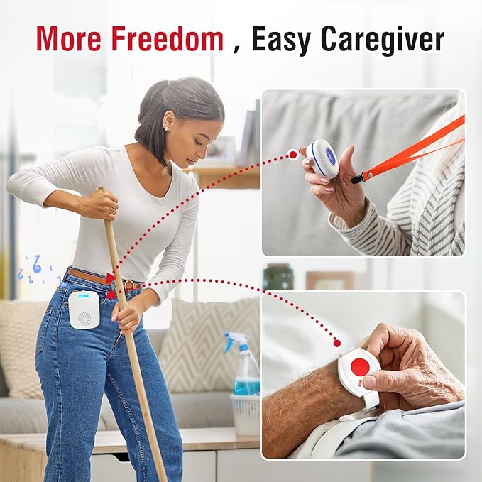CallToU Caregiver Pager Wireless Call Buttons for Elderly Monitoring Portable Call Bell with 2 Panic Button and 1 USB Receiver,500ft Range Nurse Alert System for Home Care Seniors (FCC Certified)