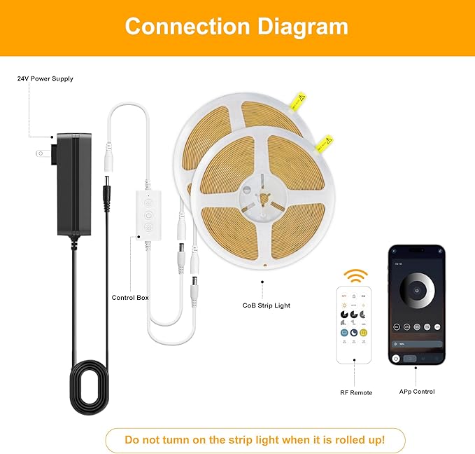 COB LED Strip Lights Cool White,24V Dimmable led Light Strip KIT with Remote and app Control,6000K 25FT/7.5m 8mmwide Ra>90 Cuttable Flexible Strip Lights for Bedroom,Wardrobe,Cabinet