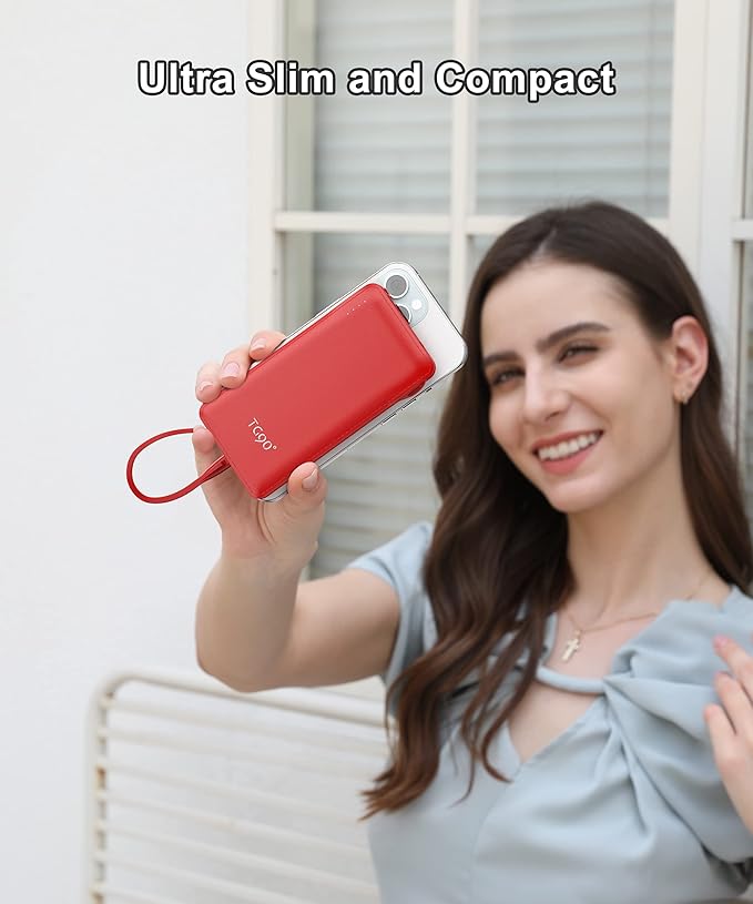 TG90° Portable Charger 10000mah Cell Phone Battery Backup, Ultra Slim Power Bank with Built in Cables(No AC Plug), Portable Phone Charger Battery Packs Compatible with iPhone Android Phones