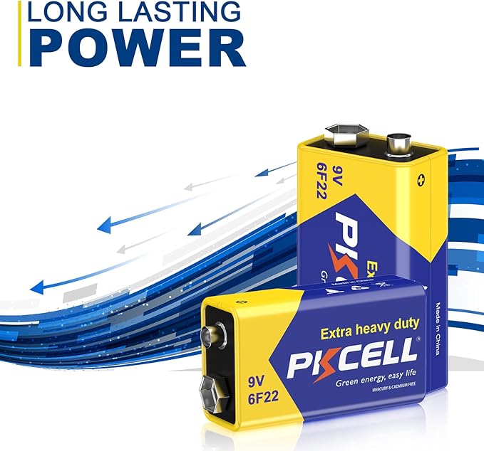 PKCELL 9V Batteries, 2 Pack 9 Volt Batteries Carbon Zinc, 9V Battery for Smoke Detector, Alarms, 6F22 Square Battery