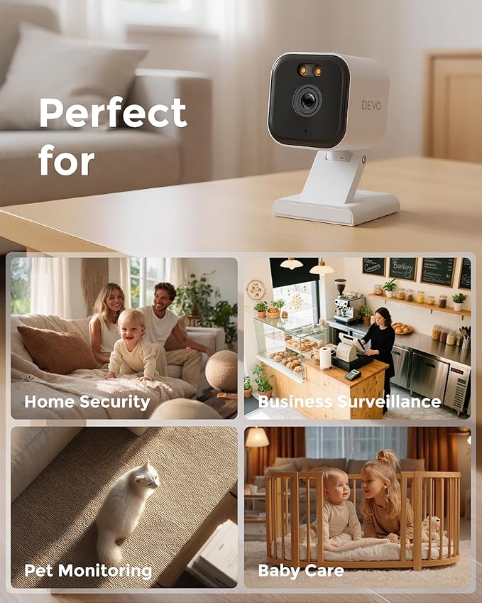 Devo CCAZ10 Security Camera 2K | Indoor|Pet Camera & Baby Monitor | 2-Way Audio, Color Night Vision, Live Stream, Motion Alerts & Notifications White,1 Cam