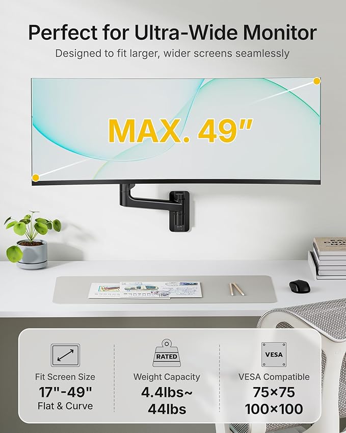 monTEK 17-49 inch Single Monitor Wall Mount for up to 44 lbs Ultrawide Screen, Premium Aluminum Heavy Duty Monitor Arm with Adjustable Gas Spring Arm, 75x75/100x100 VESA Mount, Black