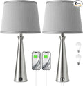 Seealle Modern Table Lamps Set of 2 - Touch Bedside Lamp for Nightstand with Dual USB C+A,3-Way Dimmable Silver Nightstand Lamps for Living Room Bedroom End Table with Grey Shade(Bulb Included)