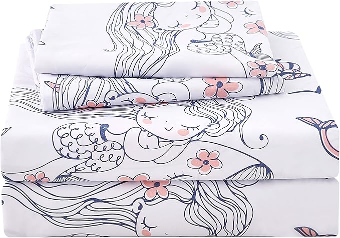 JSD Mermaid Whale Kids Sheet Set Full Size, 4 Piece Ocean Theme Microfiber Sheets for Girls Deep Pocket