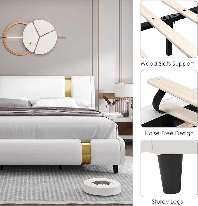 TTVIEW Modern Faux Leather Upholstered Platform Bed Frame with Golden Iron Metal Decor, Adjustable Curved Headboard, Wooden Slats Support, No Box Spring Needed, Queen Size, White
