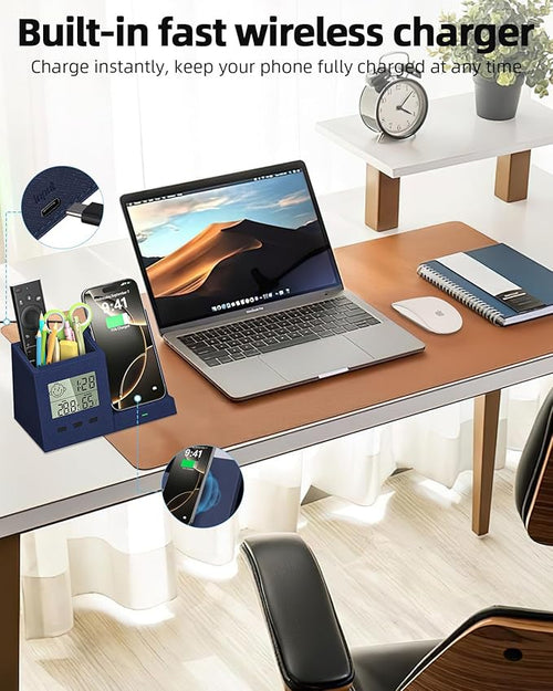 3-in-1 Wireless Charger with Pen Holder, Desk Clocks with Temperature and Humidity, Compatible with iPhone 16/15/14/13/12/11/8Series, Pencil Holder for Desk Home Office, Men Gift Idea Gadget, Blue