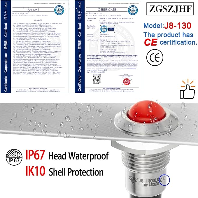 ZGSZJHF UL Listed Mini Indicator Light 8mm 0.31" Waterproof IP67 110V-120V Domed Sphere High Head Metal 304-Stainless Steel LED Lamp Pilot Light with 140mm Wire