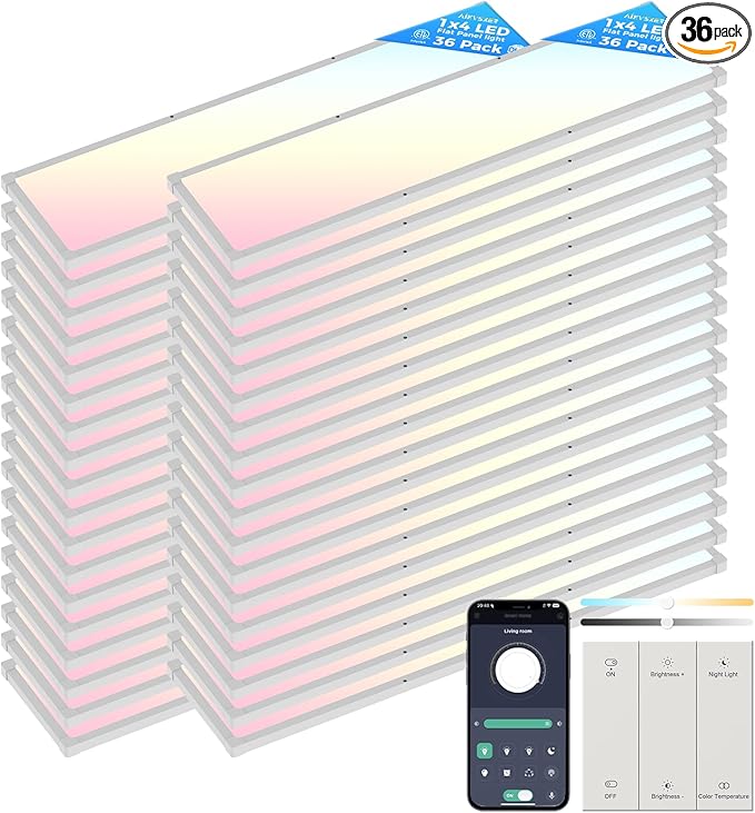 AIKVSXER 36 Pack 1x4 FT LED Flat Panel Light Surface Mount, with Wireless Switch & App Control, Night Mode, 50W 5500LM, 3000K/4000K/6500K, Ultra-Thin LED Light for Office Home,120-277V - White