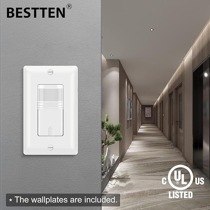 BESTTEN 10 Pack Motion Sensor Light Switch, Single Pole PIR Sensor Wall Switch, Occupancy & Vacancy Modes, 120V/277VAC, 60Hz, 1/6HP, Neutral Wire Required, Wall Plate Included, UL Listed, White