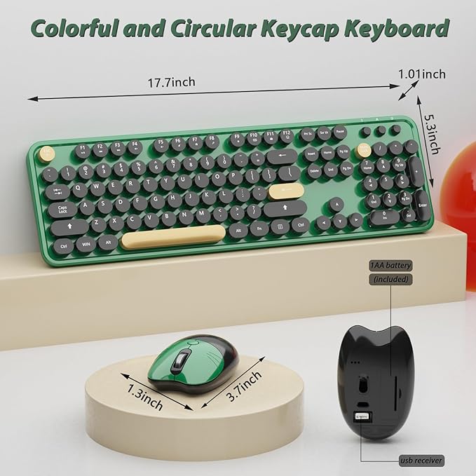 Kootop Wireless Keyboard,Cute Colorful 104 Keys Typewriter Retro Round Keycaps Keyboard for PC Laptop,Desktop,Windows, Home and Office Keyboards (Black Green)
