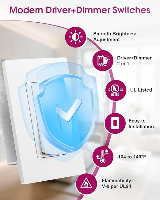 Dimmer Light Switch & 12V 120W Dimmable LED Driver 2 in 1, UL Listed Class 2 Single-Pole or 3-Way Slide Dimmer Switch for Led Lights,120VAC to 12VDC Power Supply for Low Voltage Project, Glossy White