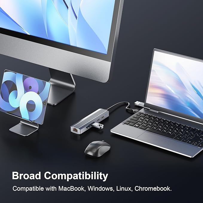 USB Hub with Ethernet, USB C to Ethernet Adapter with 2X USB 3.0, USB C 3.0, Gigabit Rj45 Port, Plug and Play, Multiport Network Adapter for Laptop MacBook iPad XPS Windows