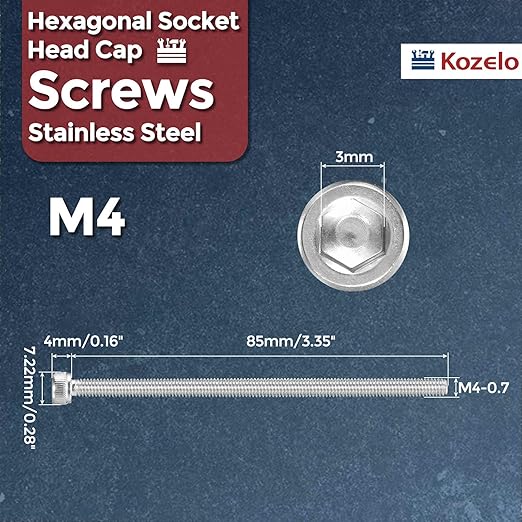 Kozelo 6pcs Socket Head Cap Screws - [M4-0.7 x 85mm] 304 Stainless Steel Allen Socket Drive for Electrical Motor 3D Printing Fan Engine Replacement Use, Silver