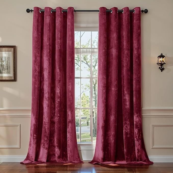SMILETIME Burgundy Red Crushed Velvet Curtains 52x108 inch Luxurious Thermal Insulated Soundproof Drapes for Living Room Bedroom Office Soft and Durable Light-Filtering Window Treatments, 2 Panels