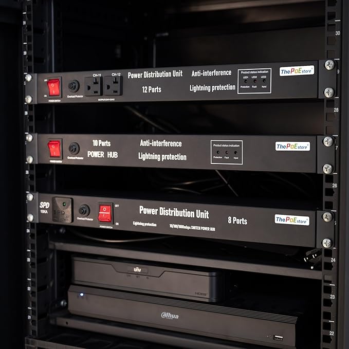 1U PDU Rack Mount Power Surge Protection, 8 NEMA 5-15R Outlets & 5-Port Gigabit Ethernet Switch, 100-250V 15A 3600 Joules, w/10KA SPD Lightning & 6ft Cord, ETL Listed