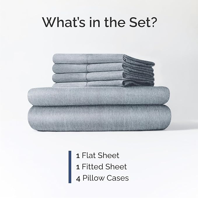 Queen 6 Piece Sheet Set - Cooling & Breathable - Hotel Luxury Bedding, Includes Fitted Sheet for Women, Men, Kids & Teens - 1 Flat, 1 Fitted Sheet, 4 Pillowcases w/Deep Pockets - Heathered Blue
