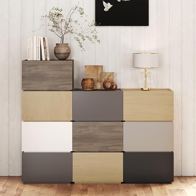 Stackable Storage Drawers, Wooden Drawer Storage Organizer, Modern Nightstands with Wooden Drawers, Small Storage Cabinet, Modular Design, Available in 2 Sizes for Versatile Use Champagne Small