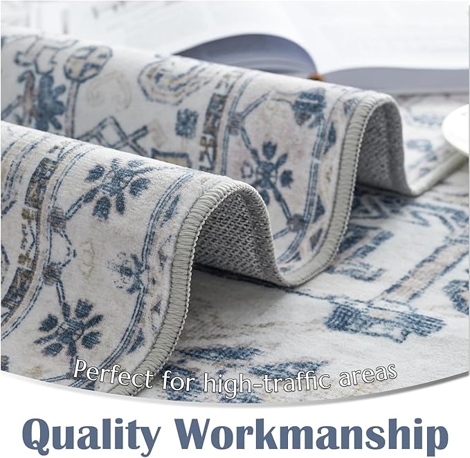 jinchan Lima Hallway Runner Rug 2x8 Washable - Vintage Floral Non Slip Low-Pile Soft Ultra-Thin Faux Wool Kitchen Rug Distressed Carpet Runner for Farmhouse Bedroom Laundry (2x8ft, Blue)