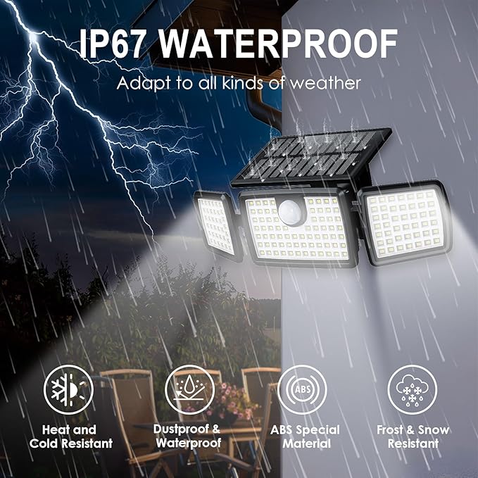 MIHANI Solar Flood Lights Outdoor, 2500LM Motion Sensor Security Lights with 270° Wide Angle, IP67 Waterproof, 3 Heads Solar Outdoor Lights for Patio, Yard, House, Garage (Non-Remote, 2 Pack)