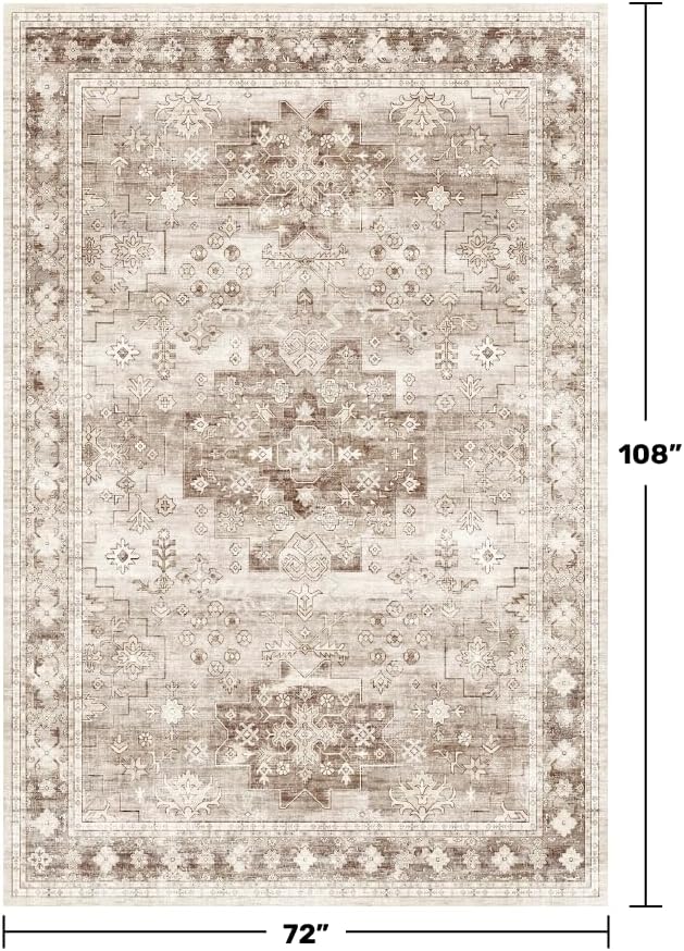 Washable Neutral Farmhouse Living Room Rug, 6x9 Area Rugs for Bedroom, Dining Room Under Table Carpet, Kids Room, Large Boho Vintage Non-Slip Floral Rugs Low Pile Stain Resistant (6x9 Beige/Latte) - Image 2