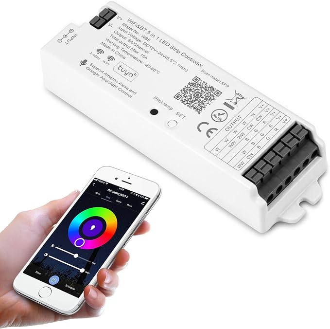 XXK WB5 RF WiFi Bluetooth LED Strip Controller RGB CCT RGBW 5in1 Dimmable Compatible with Smart Life APP/Alexa Echo/Google Assistant Home/Siri, DC12-24V Lights Controller