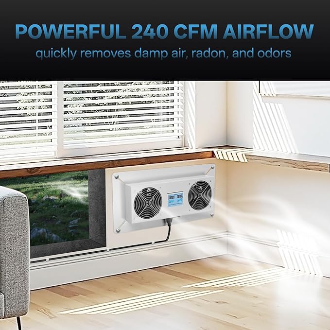 Pewoaoa 240 CFM Crawlspace Vent Fan, With Thermostat,Humidistat, Crawlspace Fans, For Moisture Reduction, Radon Mitigation, Freeze Protection, Ideal for Basement, Attic, Crawl Space Fan Vent(Air Out)