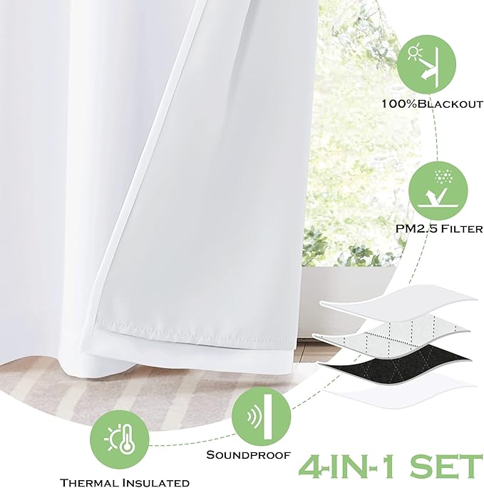KGORGE Soundproof & Dust Particle Filtering Curtains 100% Blackout Window Cover Thermal Insulating Energy Smart Curtains for Living Room Bedroom Baby Nursery, W 52 x L 108 inches, White, 1 Pair
