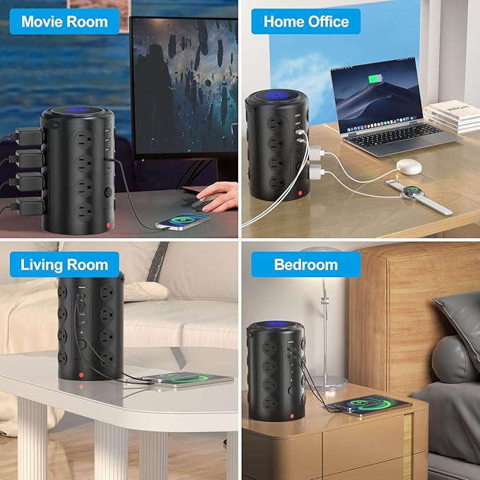 Tower Power Strip with 15W Wireless Charger, 20FT Extension Cord, 16 AC Outlets & 5 USB Ports (2 USB C) - Surge Protector for Office, Home, Dorm Room (Black)