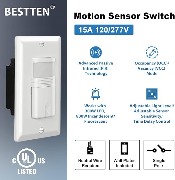 BESTTEN 10 Pack Motion Sensor Light Switch, Single Pole PIR Sensor Wall Switch, Occupancy & Vacancy Modes, 120V/277VAC, 60Hz, 1/6HP, Neutral Wire Required, Wall Plate Included, UL Listed, White