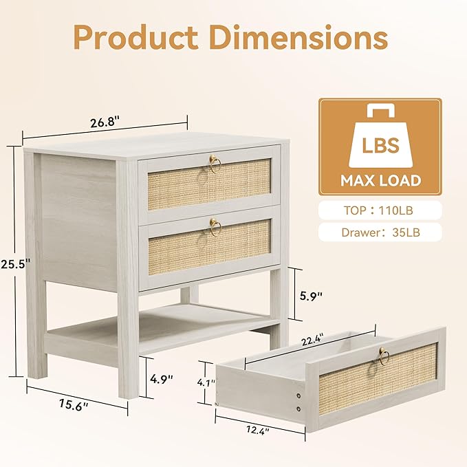 White Nightstand with 2 Drawers and Storage Shelf, 26” Tall Boho Night Stand, Wood Large Bedside Table with Golden Handle for Bedroom, Side Table, White Cream Oak