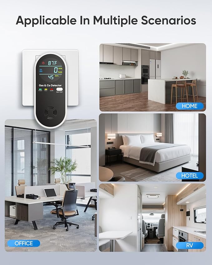 Vilfet Carbon Monoxide Detectors & Natural Gas Detector, 4-in-1 Carbon Monoxide Detectors Plug in, Gas Leak Detector with Dual Alarms, Temperature & Humidity Sensor for Home, RV, Black, 3 Packs