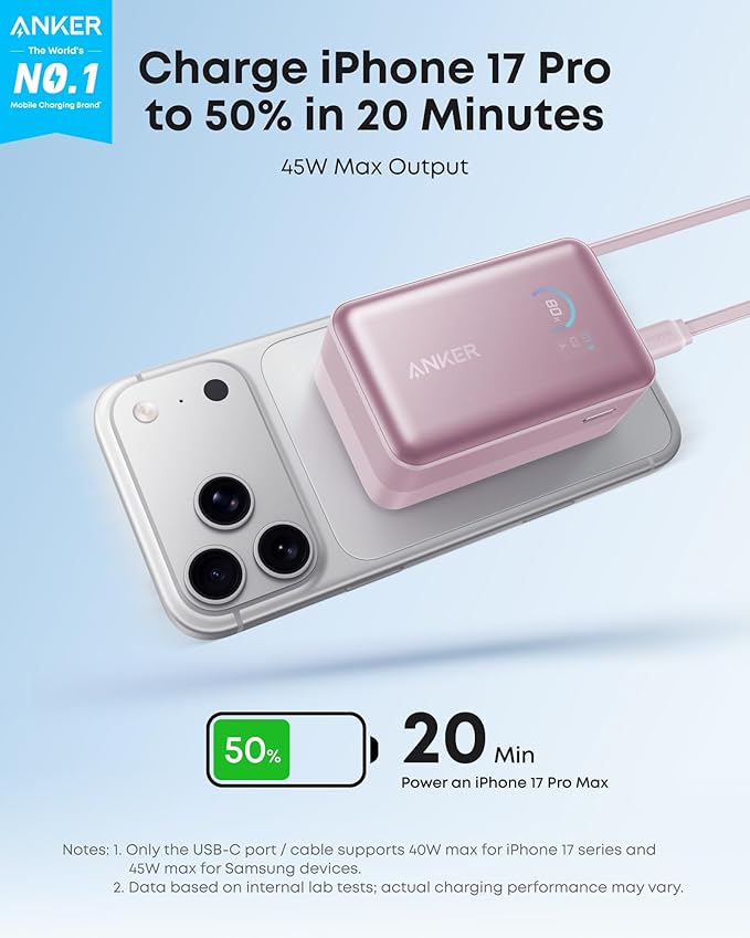 Anker Nano Portable Charger, 10,000mAh 45W Max Compact Power Bank, Travel Essential Phone Battery Pack with 2.3 ft InstaCord Retractable Cable for iPhone 17/16 Series, iPad, Galaxy, and More (Pink)
