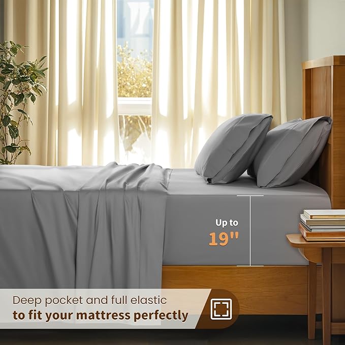LBRO2M 100% Cotton Sheets Set Deep Pocket 19", 1000 Thread Count California King Size 4 Piece Bed Sheet Sets Soft Comfortable Bedding All Season (California King, Gray)