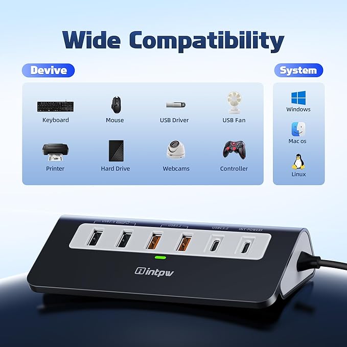 intpw USB C Hub 10Gbps, 9-in-1 USB C Docking station with 4K@60Hz HDMI, Type-C & 2 Type-A 3.2, 2 USB-A 2.0, PD 100W, SD/TF Port, Black Aluminum USB Hub for Laptop, iPhone 16/15 Series, MacBook Air/Pro