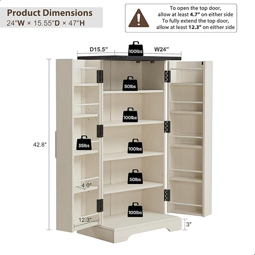 ACCOHOHO 47" Kitchen Pantry, Farmhouse Storage Cabinet with Barn Doors, Organizer and Adjustable Shelves, Rustic Wood Cupboard for Kitchen, Dining Room, Bathroom and Hallway, Off White