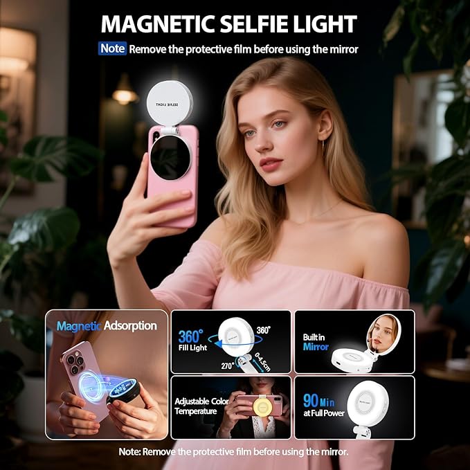 CMUBH Magnetic Selfie Light for MagSafe iPhone: 3 Light Modes, Rechargeable 360° Rotatable LED Phone Ring Fill Light with Mirror for Photography, Makeup, TikTok, Zoom, Video Conference, White